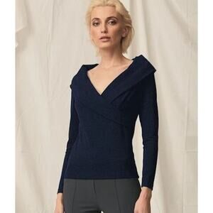 NWT Chiara Boni Lella Crepe Long Sleeve Blouse Midnight Blue Women's 42/ US 6
